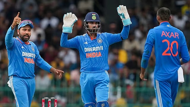 PTI : Axar Patel (right) celebrates with Rohit Sharma and KL Rahul after taking the wicket of Janith Liyanage during the first India vs Sri Lanka ODI in Colombo.